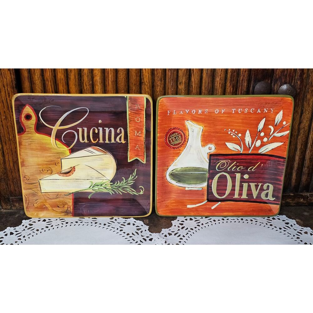Pier 1 Cucina Appetizer Plates Set of 2 Tuscan Olio d' Oliva Roma Cheese Ceramic
